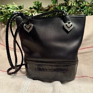 Vintage Brighton Black Leather Bucket Bag Purse Silvertone Hearts Hardware
